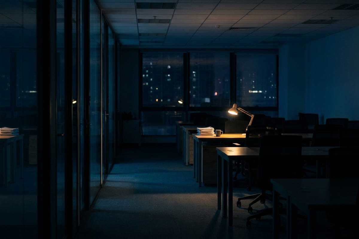 Menschenleeres Großraumbüro bei Nacht, nur eine Schreibtischlampe brennt